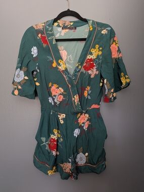 Abercrombie & Fitch Green Floral Wrap Romper